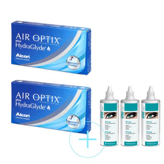 Air Optix plus Hydraglyde + All-in-one - Basic Promo Pack =  bestaat uit 2x 6pack + 3 flesjes vloeistof