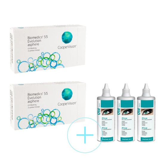 Biomedics 55 Evolution + All-in-one - Basic Promo Pack =   bestaat uit 2x 6pack + 3 flesjes vloeistof